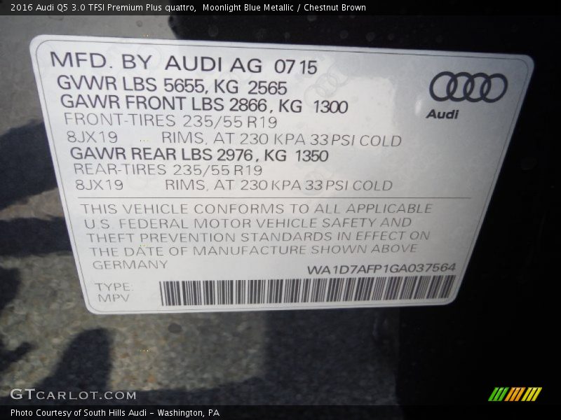 Moonlight Blue Metallic / Chestnut Brown 2016 Audi Q5 3.0 TFSI Premium Plus quattro