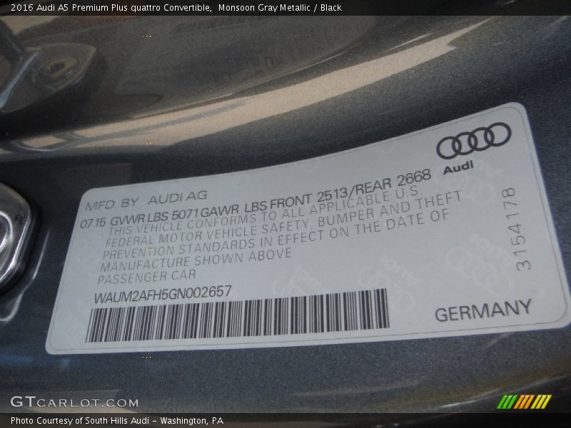 Monsoon Gray Metallic / Black 2016 Audi A5 Premium Plus quattro Convertible