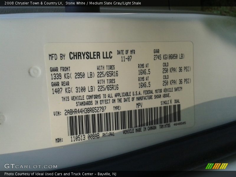Stone White / Medium Slate Gray/Light Shale 2008 Chrysler Town & Country LX
