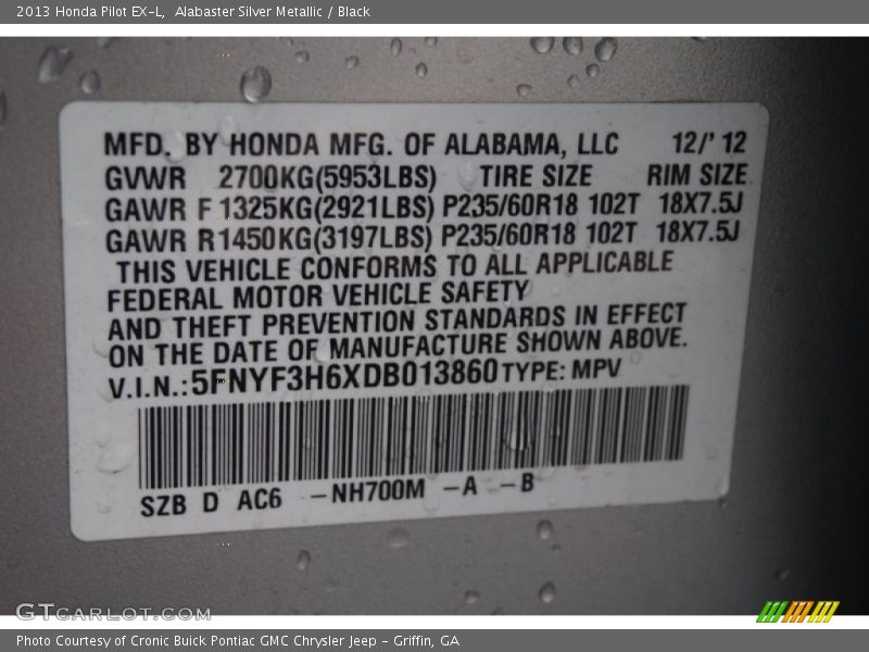 Alabaster Silver Metallic / Black 2013 Honda Pilot EX-L
