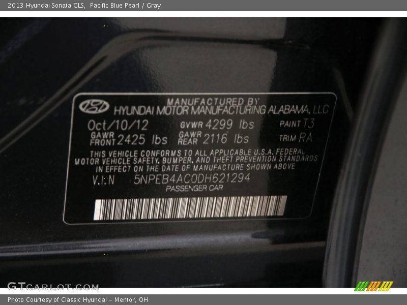 Pacific Blue Pearl / Gray 2013 Hyundai Sonata GLS