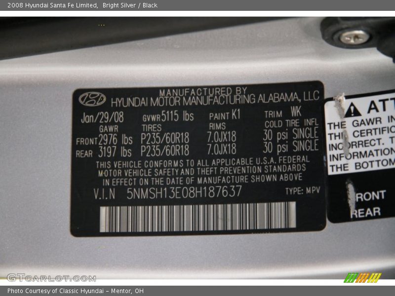 Bright Silver / Black 2008 Hyundai Santa Fe Limited