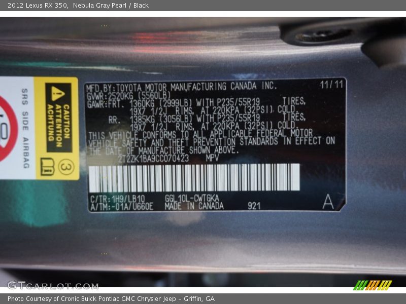 Nebula Gray Pearl / Black 2012 Lexus RX 350