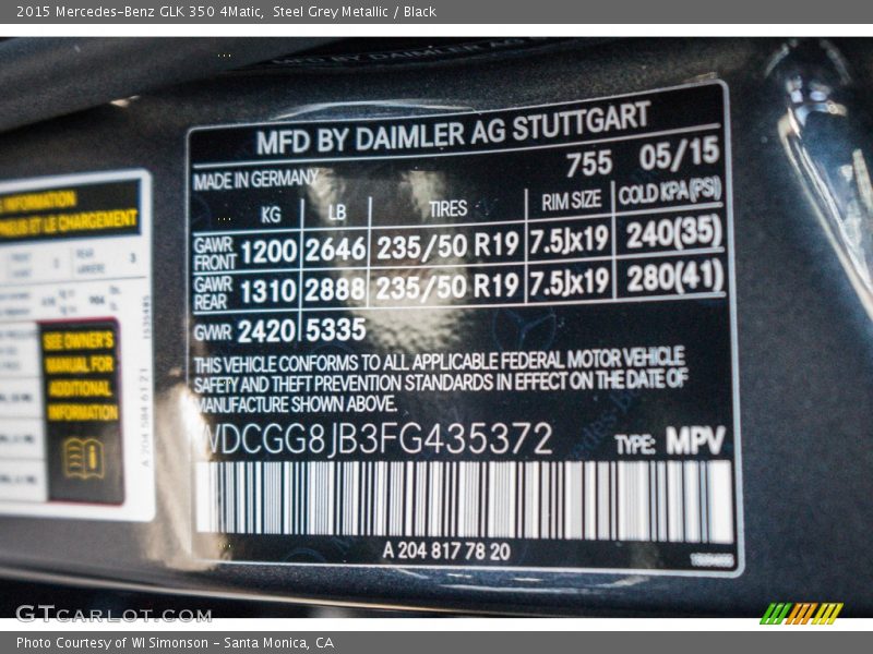 Steel Grey Metallic / Black 2015 Mercedes-Benz GLK 350 4Matic