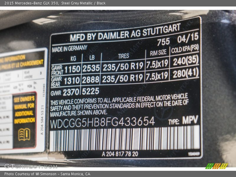 Steel Grey Metallic / Black 2015 Mercedes-Benz GLK 350