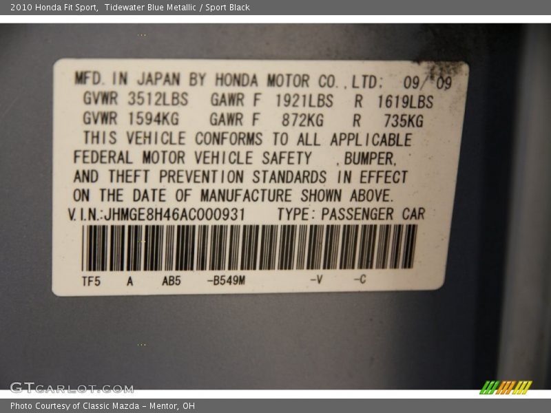 Tidewater Blue Metallic / Sport Black 2010 Honda Fit Sport