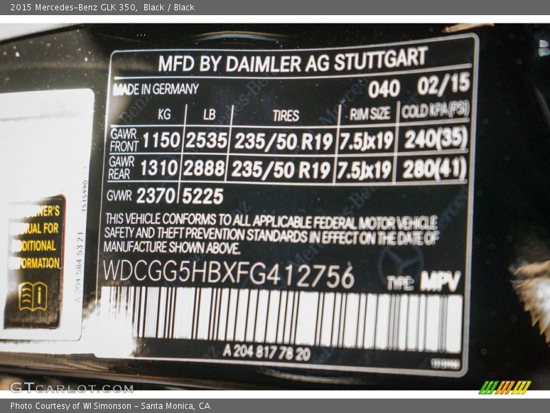 Black / Black 2015 Mercedes-Benz GLK 350