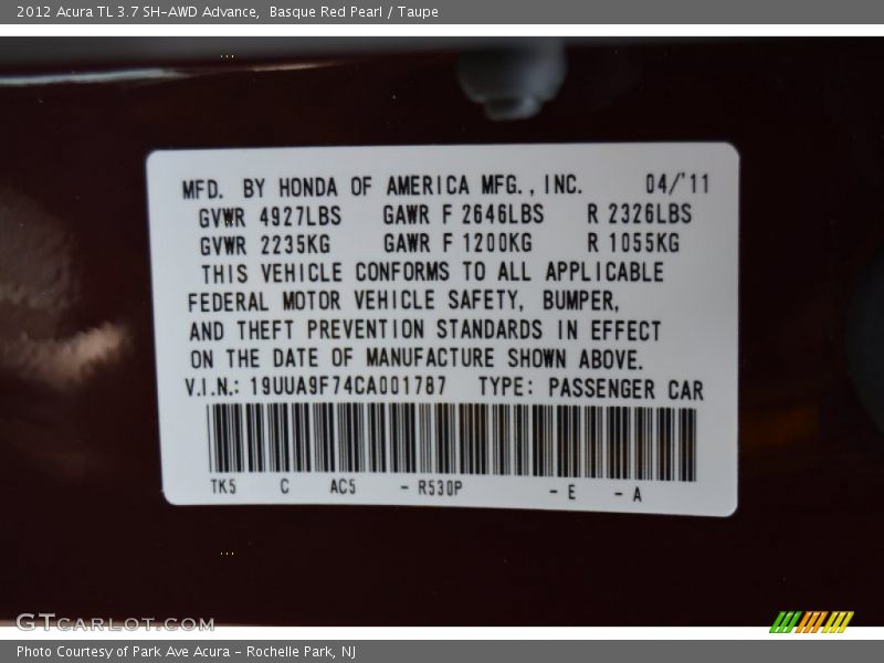Basque Red Pearl / Taupe 2012 Acura TL 3.7 SH-AWD Advance