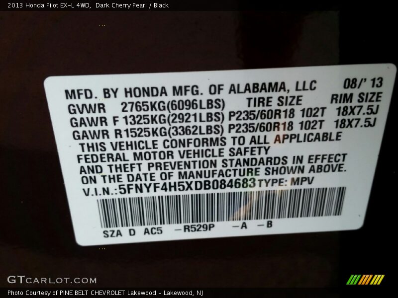 Dark Cherry Pearl / Black 2013 Honda Pilot EX-L 4WD