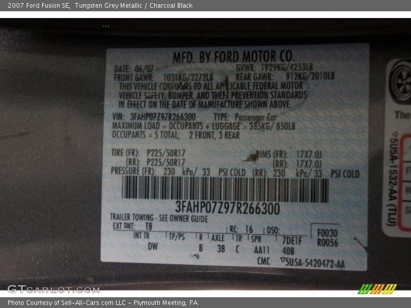 Tungsten Grey Metallic / Charcoal Black 2007 Ford Fusion SE
