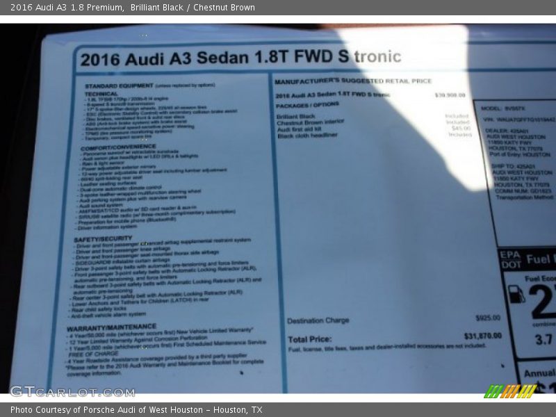 Brilliant Black / Chestnut Brown 2016 Audi A3 1.8 Premium