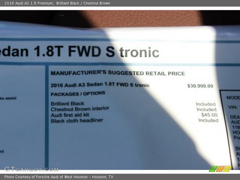 Brilliant Black / Chestnut Brown 2016 Audi A3 1.8 Premium