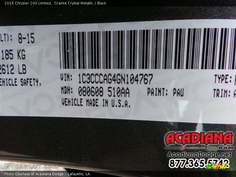 Granite Crystal Metallic / Black 2016 Chrysler 200 Limited