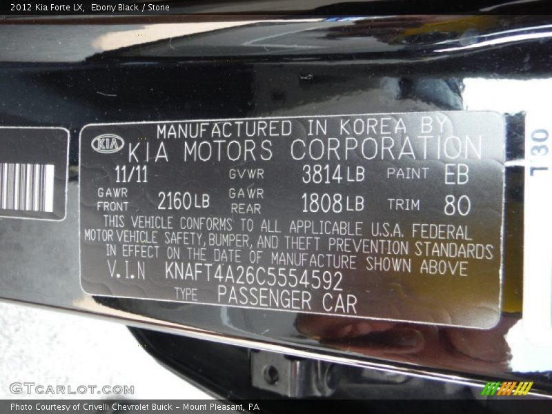 Ebony Black / Stone 2012 Kia Forte LX