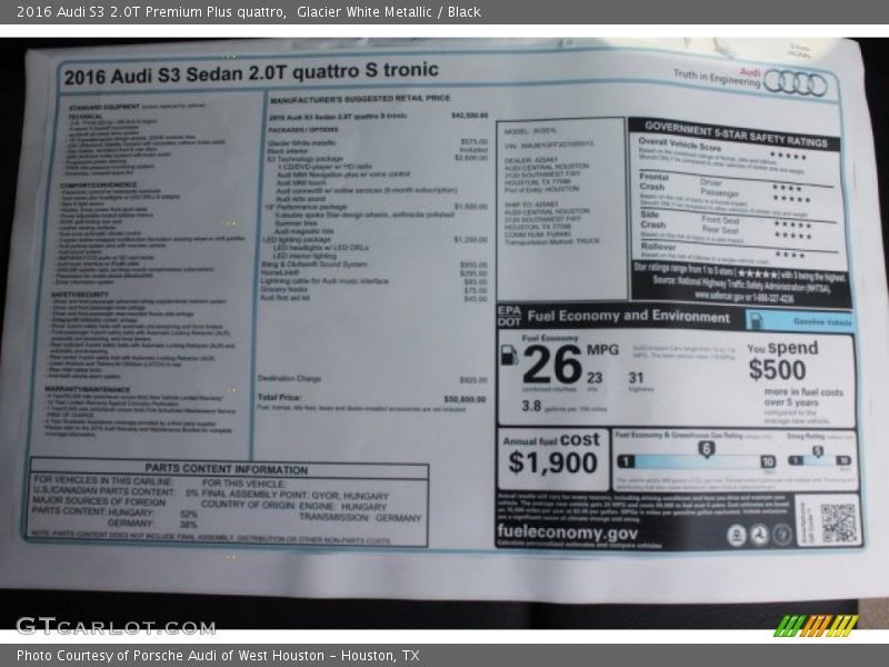  2016 S3 2.0T Premium Plus quattro Window Sticker