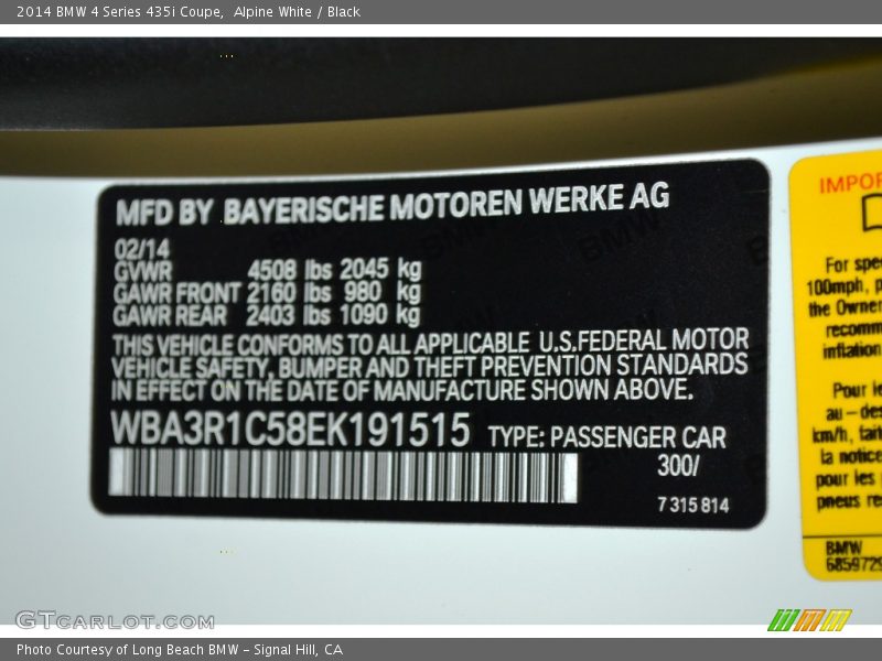 Alpine White / Black 2014 BMW 4 Series 435i Coupe