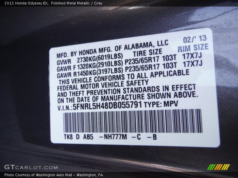 Polished Metal Metallic / Gray 2013 Honda Odyssey EX