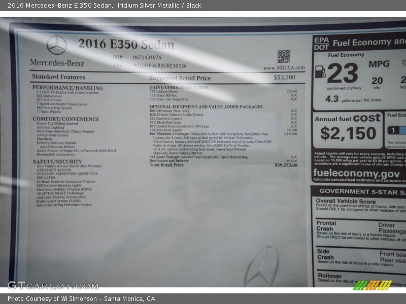 Iridium Silver Metallic / Black 2016 Mercedes-Benz E 350 Sedan