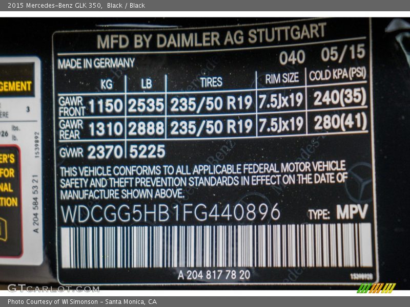 Black / Black 2015 Mercedes-Benz GLK 350