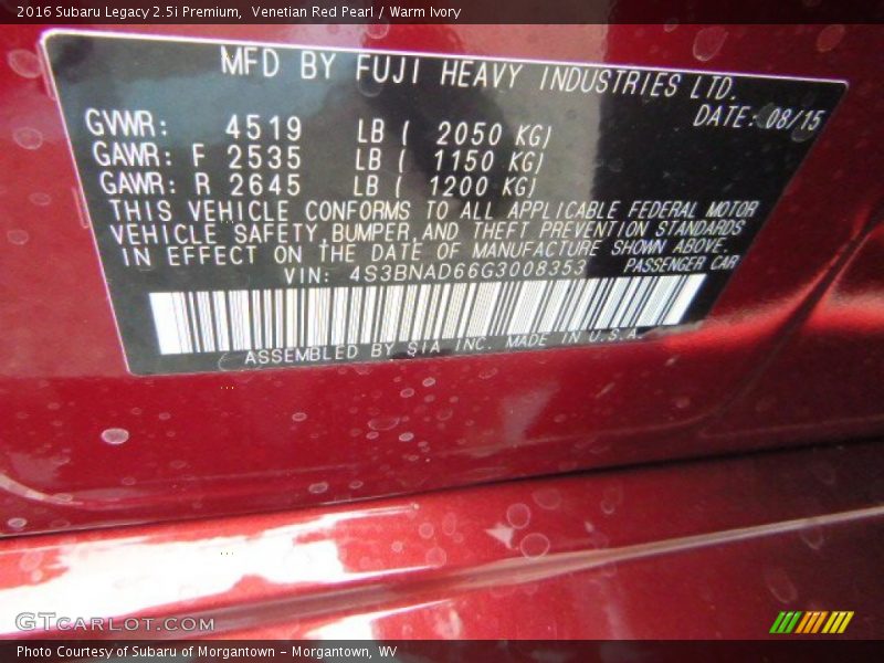 Venetian Red Pearl / Warm Ivory 2016 Subaru Legacy 2.5i Premium