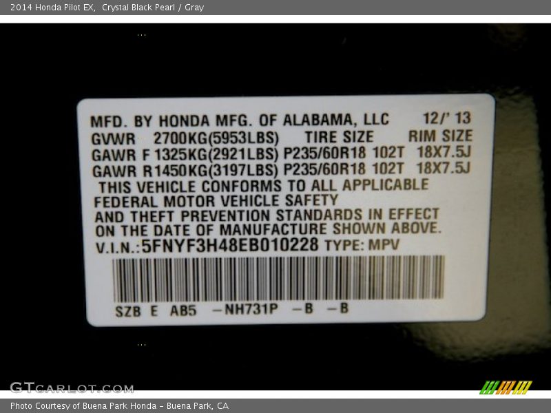 Crystal Black Pearl / Gray 2014 Honda Pilot EX