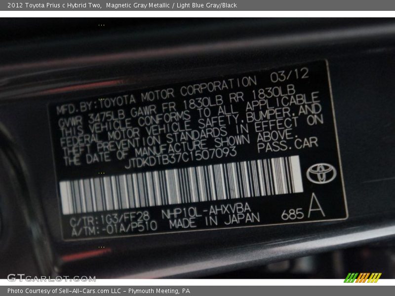 Magnetic Gray Metallic / Light Blue Gray/Black 2012 Toyota Prius c Hybrid Two