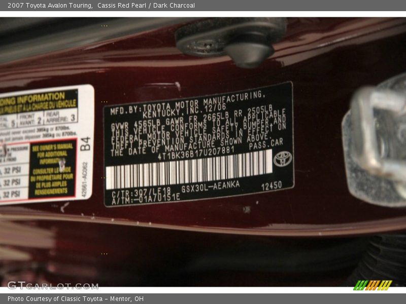 Cassis Red Pearl / Dark Charcoal 2007 Toyota Avalon Touring