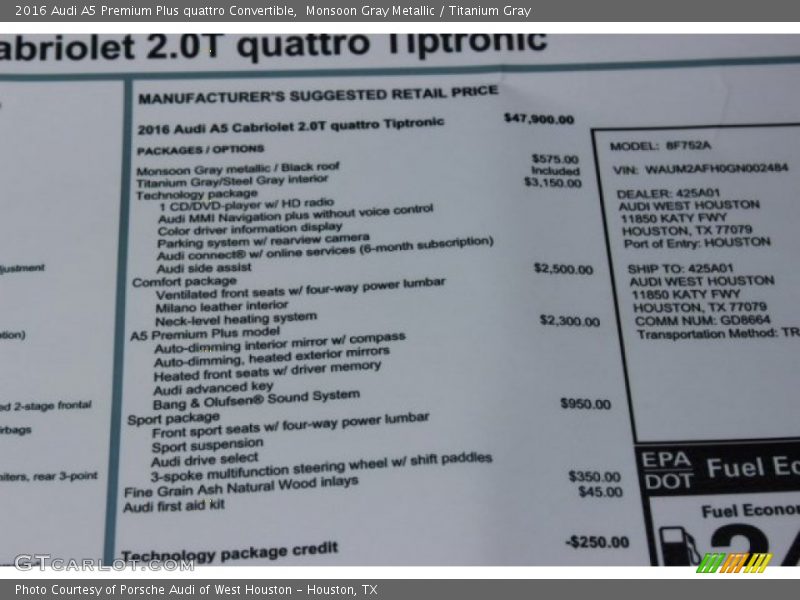 Monsoon Gray Metallic / Titanium Gray 2016 Audi A5 Premium Plus quattro Convertible