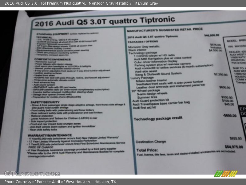 Monsoon Gray Metallic / Titanium Gray 2016 Audi Q5 3.0 TFSI Premium Plus quattro