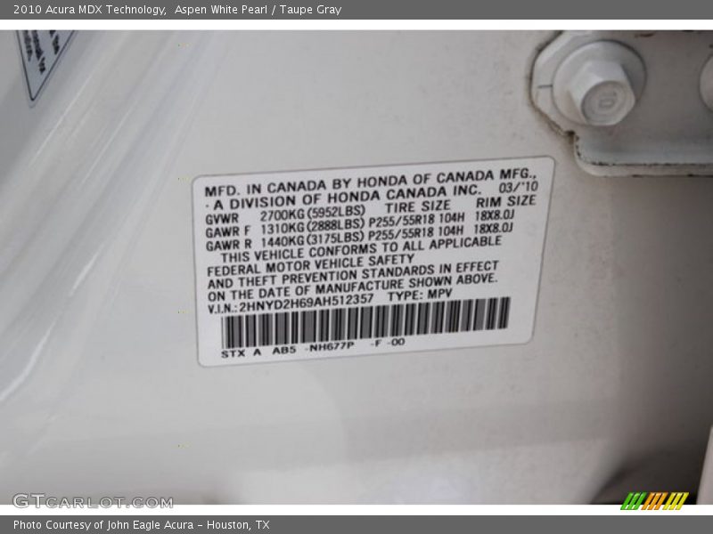 Aspen White Pearl / Taupe Gray 2010 Acura MDX Technology