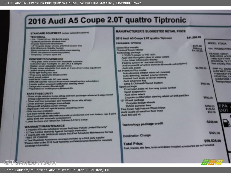  2016 A5 Premium Plus quattro Coupe Window Sticker