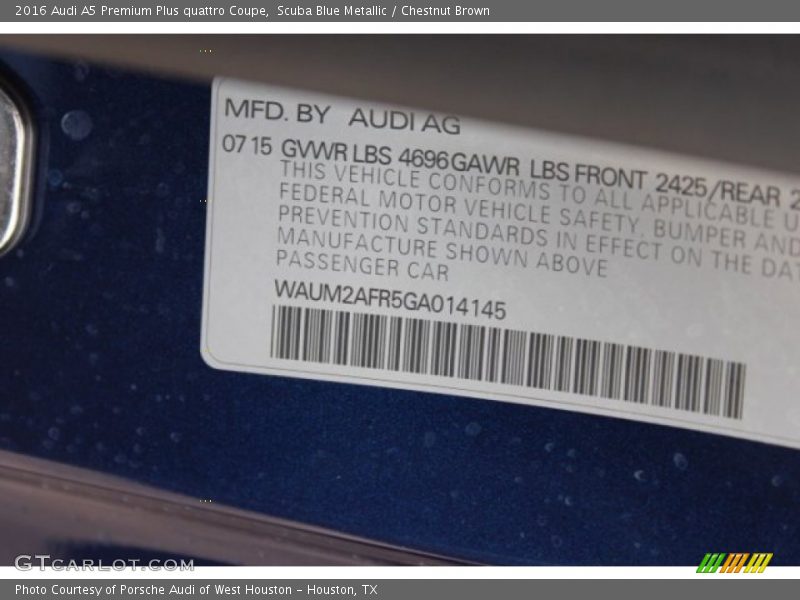 Scuba Blue Metallic / Chestnut Brown 2016 Audi A5 Premium Plus quattro Coupe