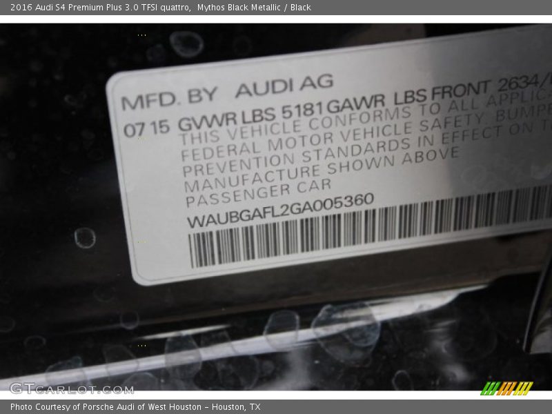 Mythos Black Metallic / Black 2016 Audi S4 Premium Plus 3.0 TFSI quattro