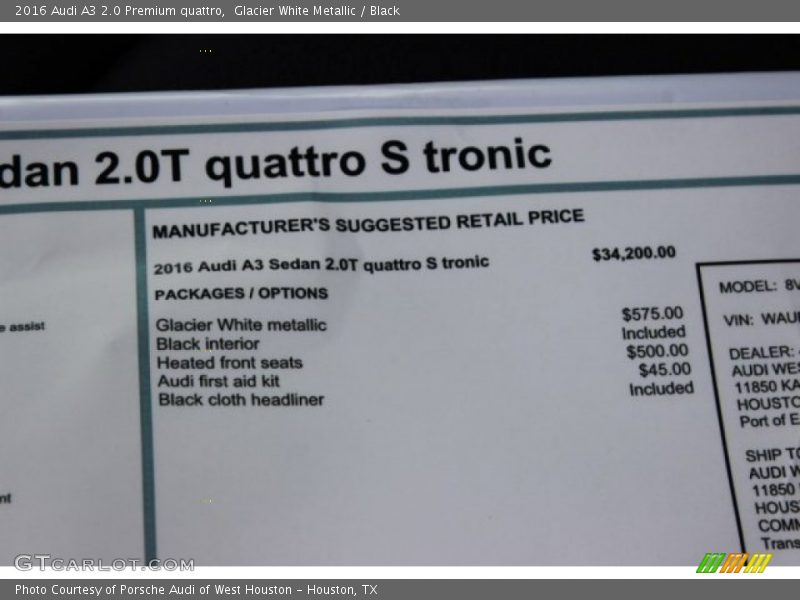 Glacier White Metallic / Black 2016 Audi A3 2.0 Premium quattro