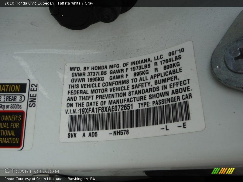 Taffeta White / Gray 2010 Honda Civic EX Sedan