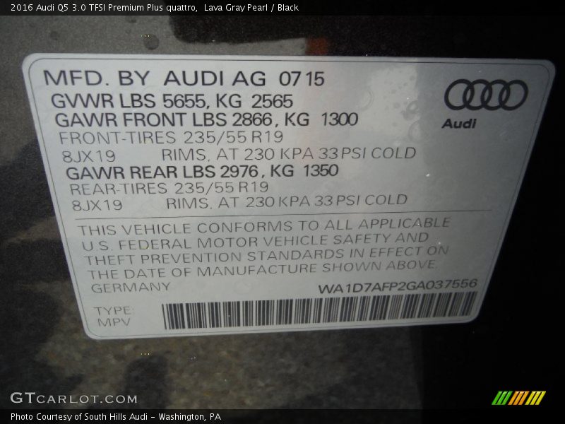 Lava Gray Pearl / Black 2016 Audi Q5 3.0 TFSI Premium Plus quattro