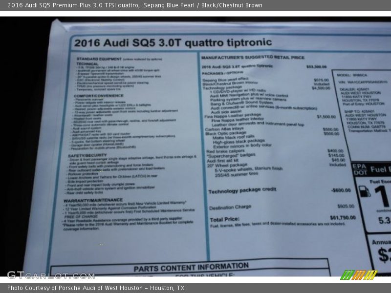  2016 SQ5 Premium Plus 3.0 TFSI quattro Window Sticker