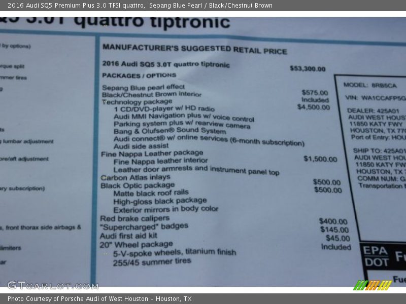  2016 SQ5 Premium Plus 3.0 TFSI quattro Window Sticker