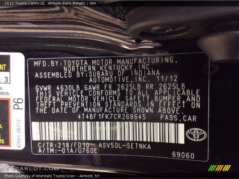 Attitude Black Metallic / Ash 2012 Toyota Camry LE