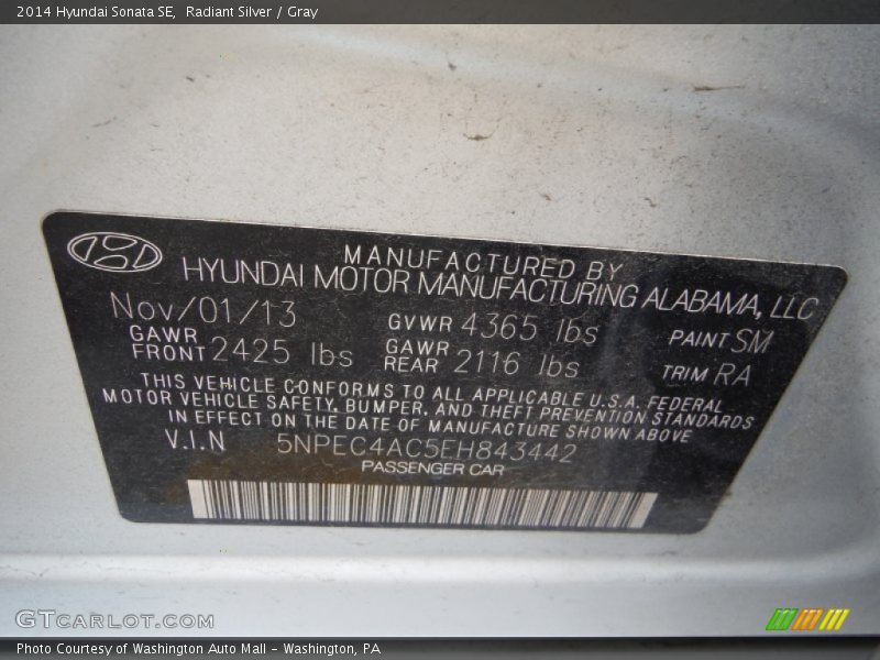 Radiant Silver / Gray 2014 Hyundai Sonata SE