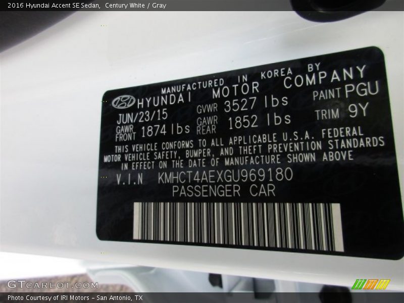 2016 Accent SE Sedan Century White Color Code PGU