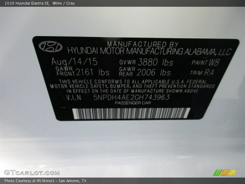 White / Gray 2016 Hyundai Elantra SE