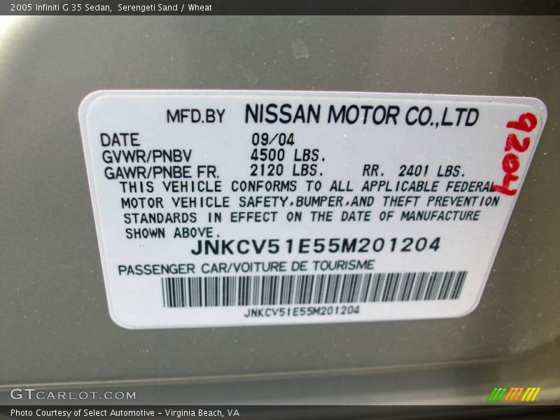 Serengeti Sand / Wheat 2005 Infiniti G 35 Sedan