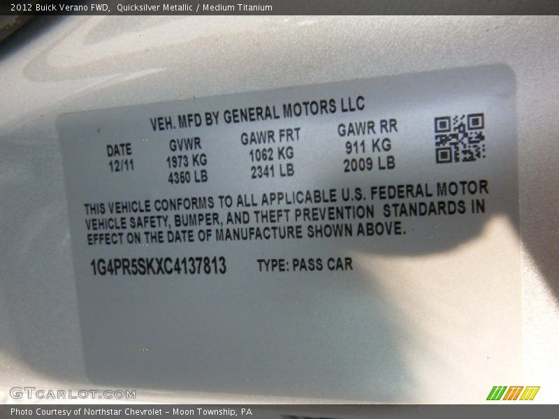 Quicksilver Metallic / Medium Titanium 2012 Buick Verano FWD