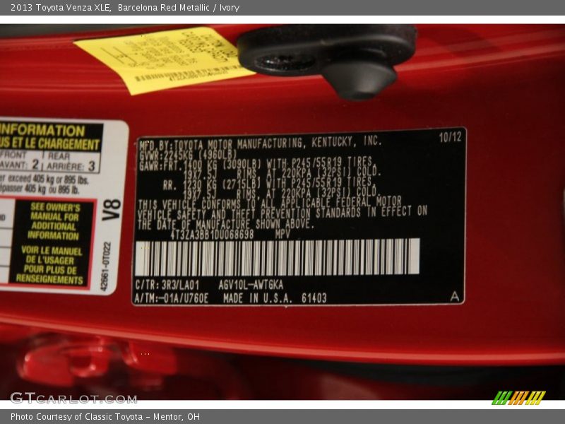 2013 Venza XLE Barcelona Red Metallic Color Code 3R3