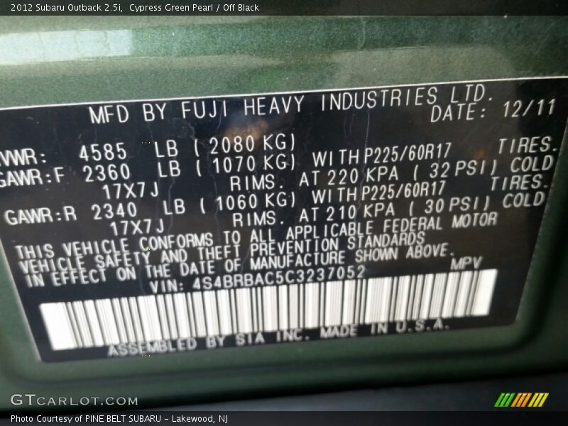 Cypress Green Pearl / Off Black 2012 Subaru Outback 2.5i