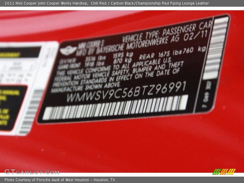 Chili Red / Carbon Black/Championship Red Piping Lounge Leather 2011 Mini Cooper John Cooper Works Hardtop