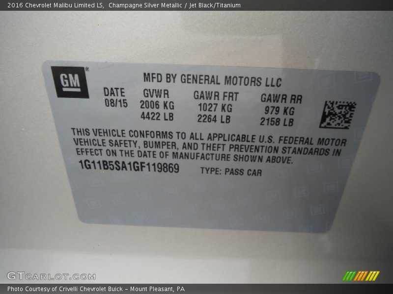 Champagne Silver Metallic / Jet Black/Titanium 2016 Chevrolet Malibu Limited LS