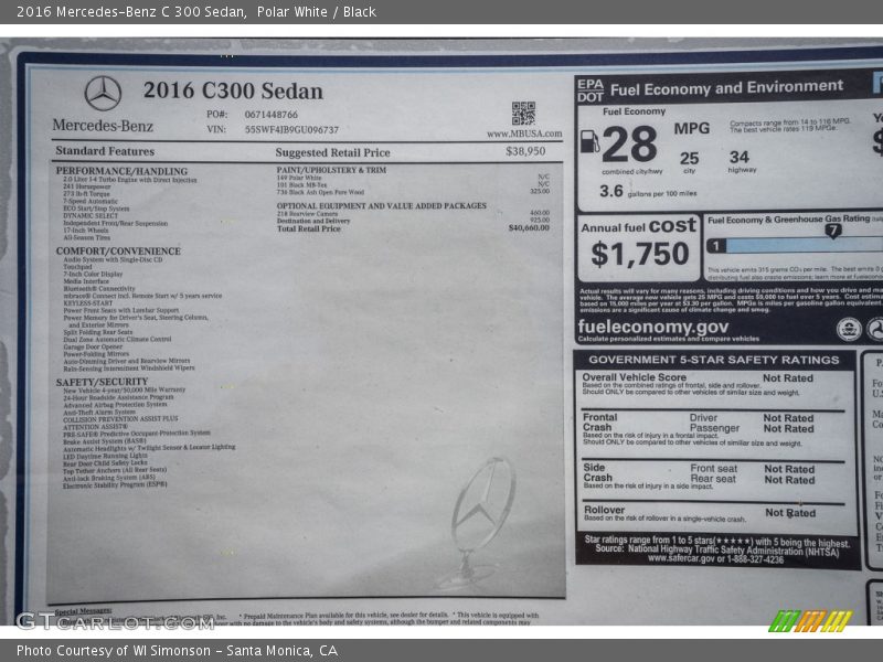  2016 C 300 Sedan Window Sticker