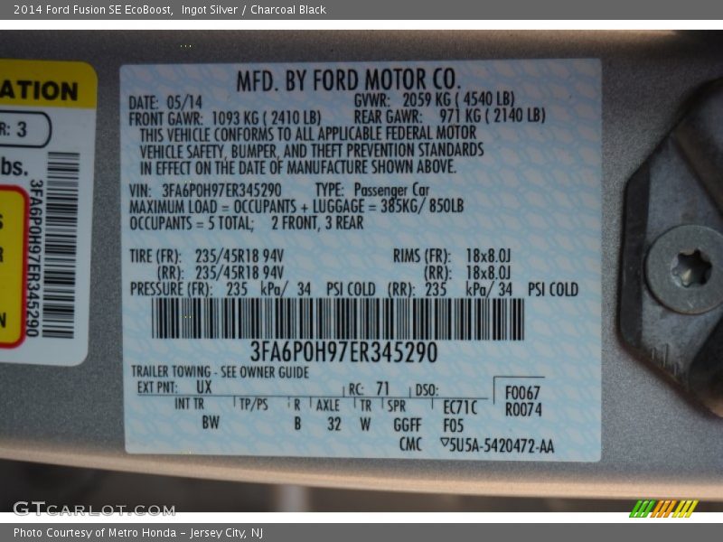 Ingot Silver / Charcoal Black 2014 Ford Fusion SE EcoBoost
